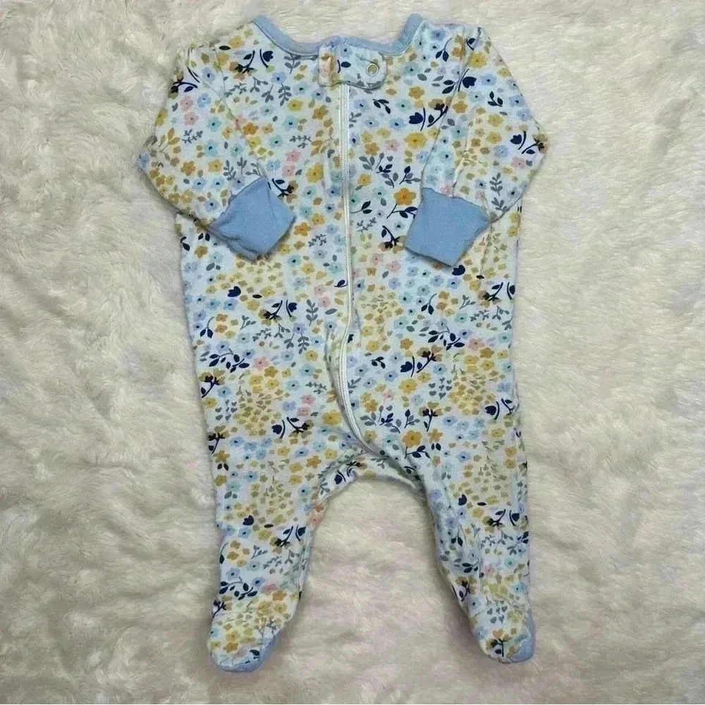 Gerber Footed Onesie Pajamas White & Blue Floral Zippered Size Newborn